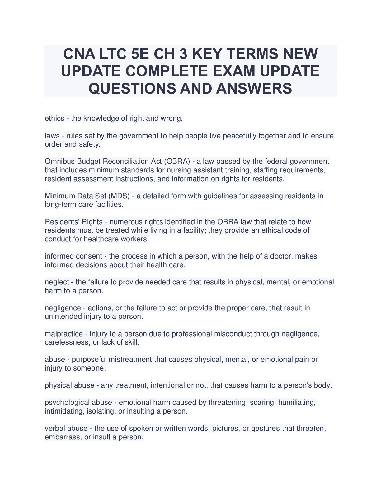 Preview image for CNA LTC 5E CH 3 KEY TERMS NEW  UPDATE COMPLETE EXAM UPDATE  QUESTIONS AND ANSWERS